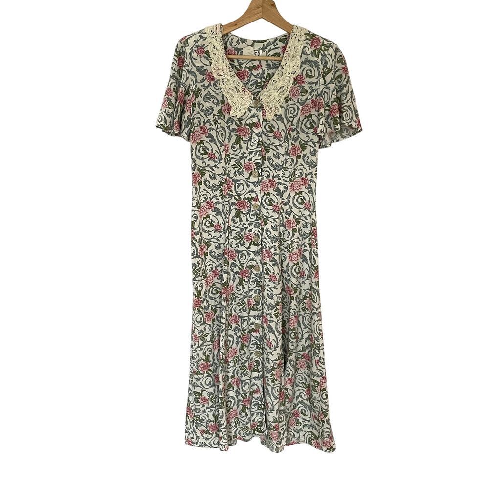 CDC Petites fairy cottage vintage lace midi floral dress 8 padded shoulders